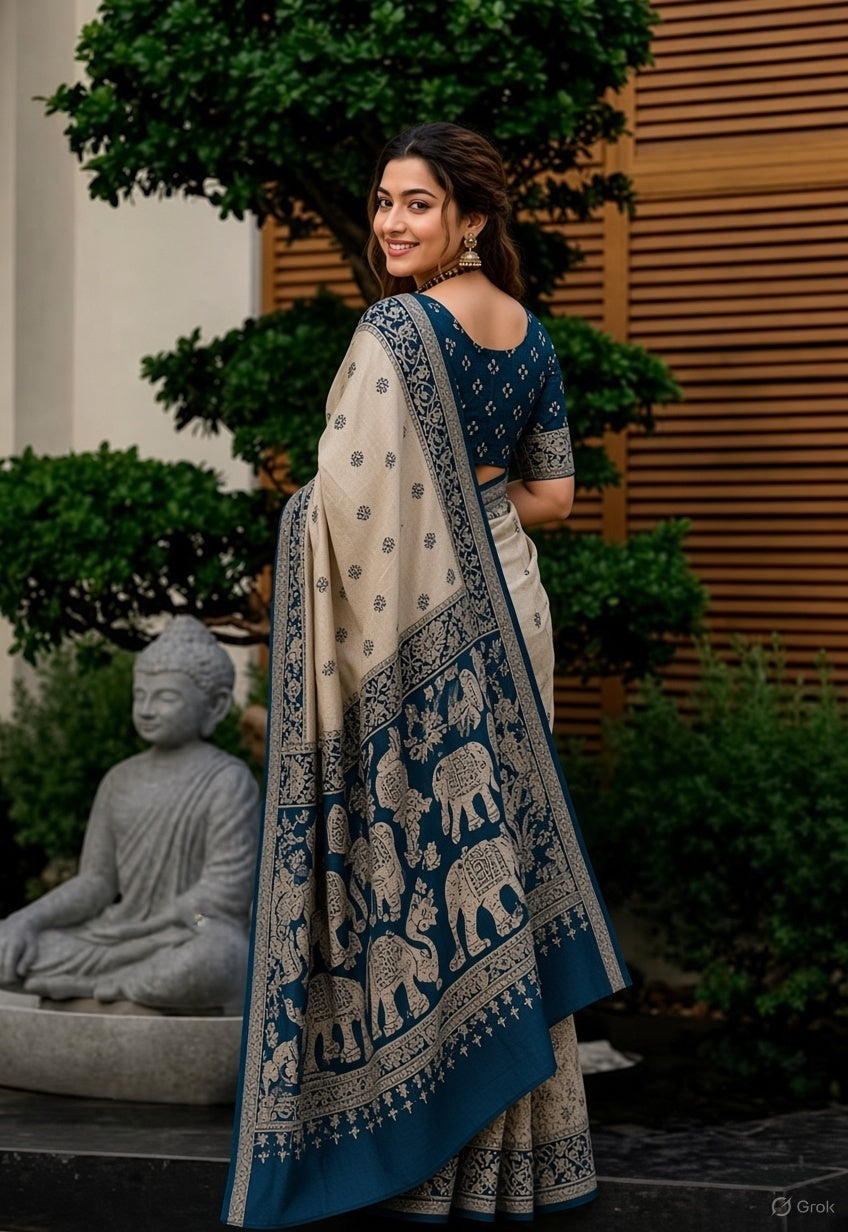 Beige & Teal Blue Kalamkari Printed Saree