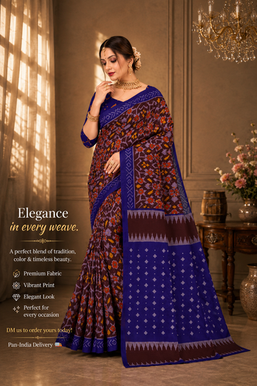 Maroon & Royal Blue Ikat Print Saree