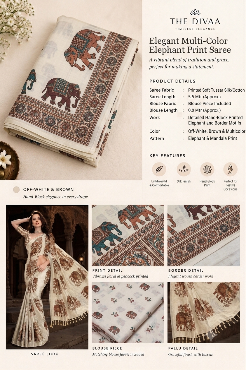 Beige Kalamkari Tussar Silk Saree with Elephant Motifs