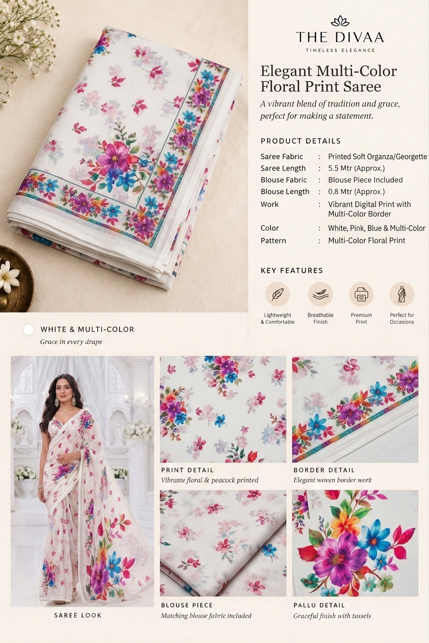 Off-White Digital Floral Printed Organza Saree