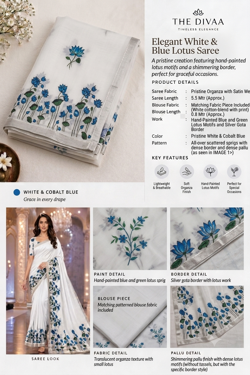 Pure White Satin Silk Saree with Blue Lotus Printed Border