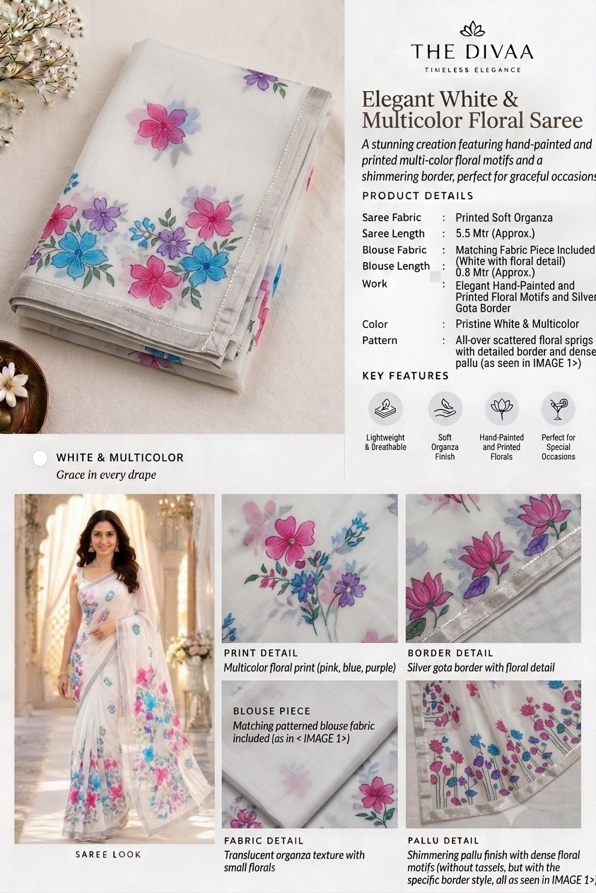 Off-White Organza Saree with Pink & Sky Blue Floral Print