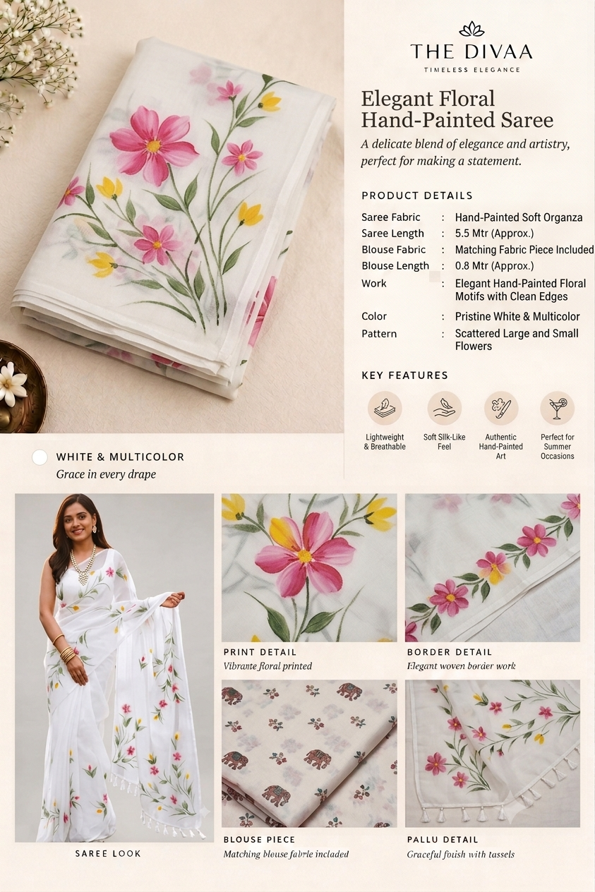 Pure White Hand-Painted Floral Organza Saree