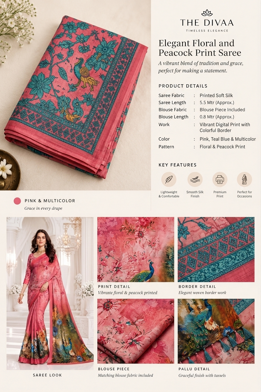 Pink Floral Digital Print Georgette Saree with Peacock Pallu
