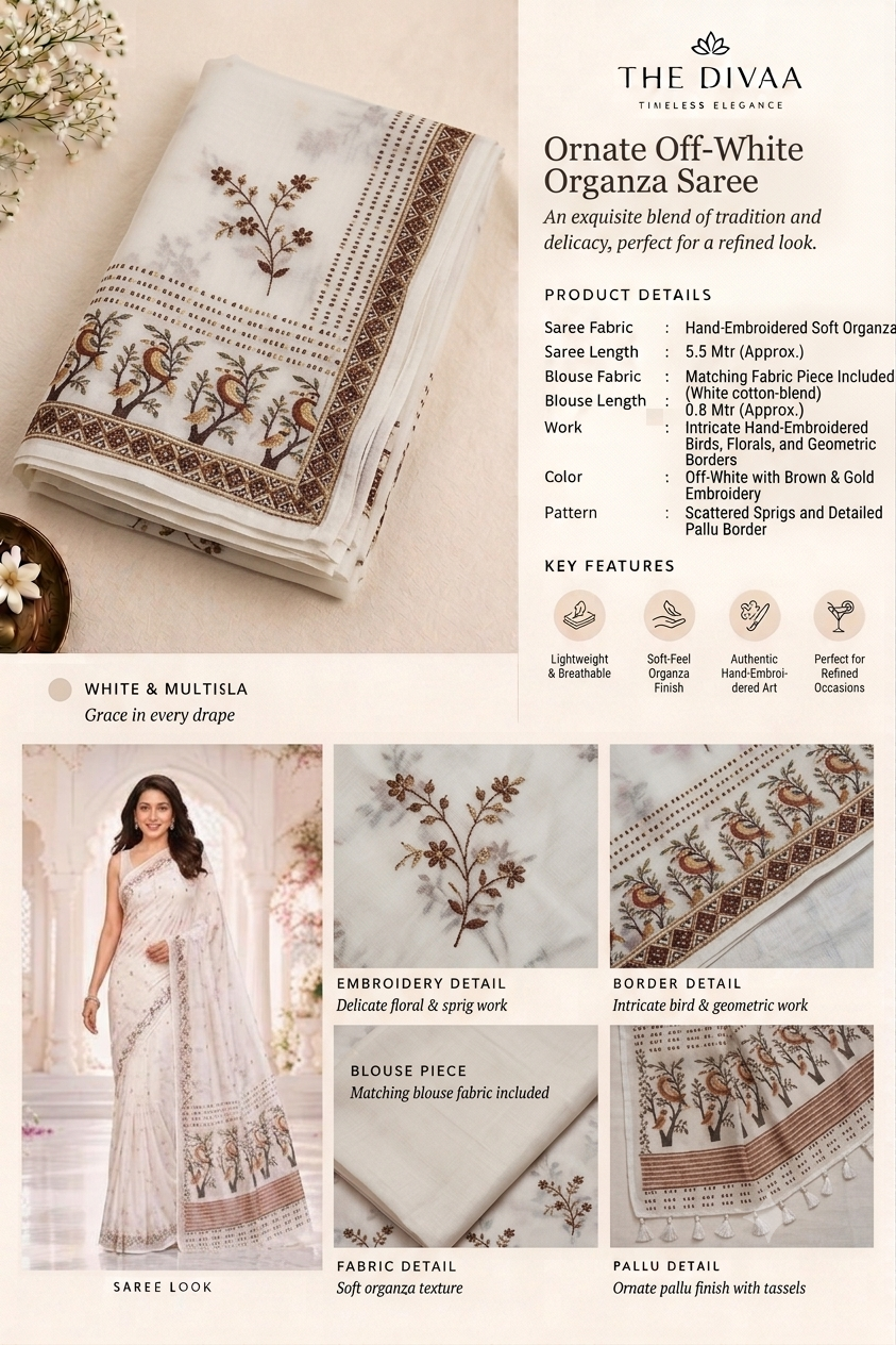 Off-White Chanderi Cotton Saree with Kalamkari Tree Motif Pallu