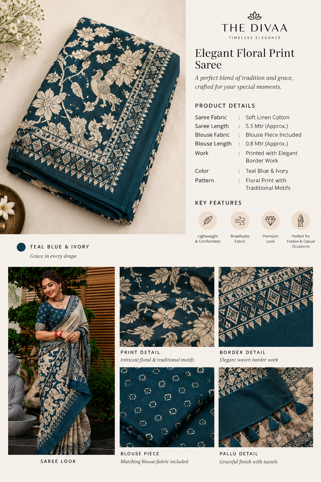 Beige & Teal Blue Kalamkari Printed Saree