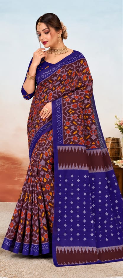 Maroon & Royal Blue Ikat Print Saree