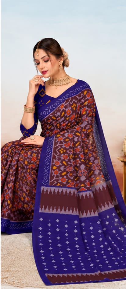 Maroon & Royal Blue Ikat Print Saree