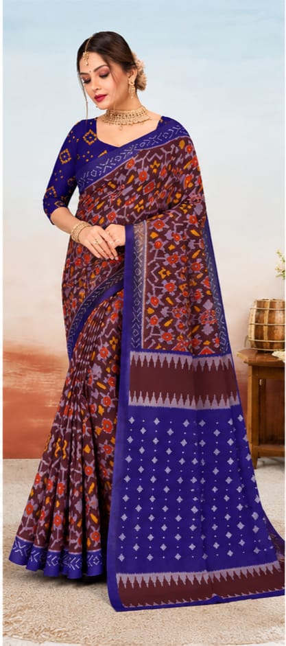 Maroon & Royal Blue Ikat Print Saree