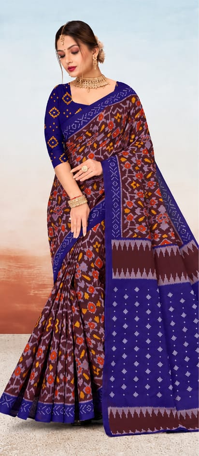 Maroon & Royal Blue Ikat Print Saree