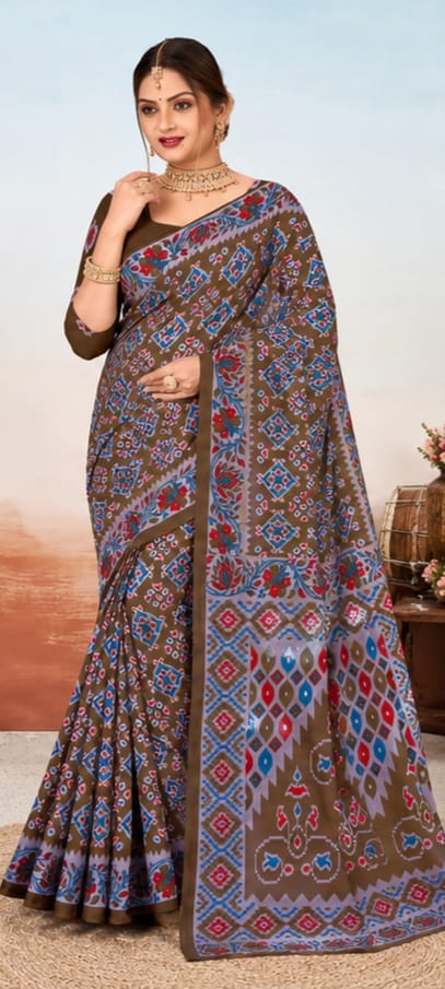 Brown Kalamkari & Patola Print Saree