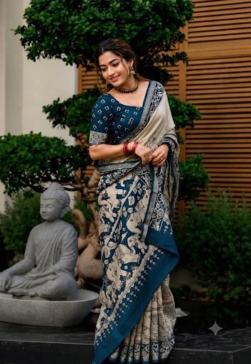 Beige & Teal Blue Kalamkari Printed Saree