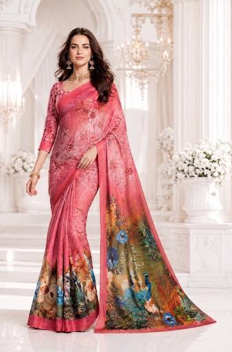 Pink Floral Digital Print Georgette Saree with Peacock Pallu
