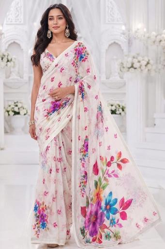 Off-White Digital Floral Printed Organza Saree