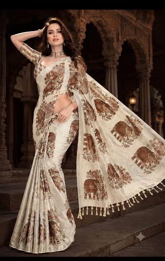 Beige Kalamkari Tussar Silk Saree with Elephant Motifs