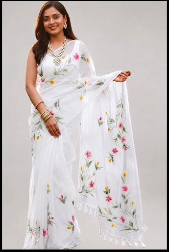 Pure White Hand-Painted Floral Organza Saree