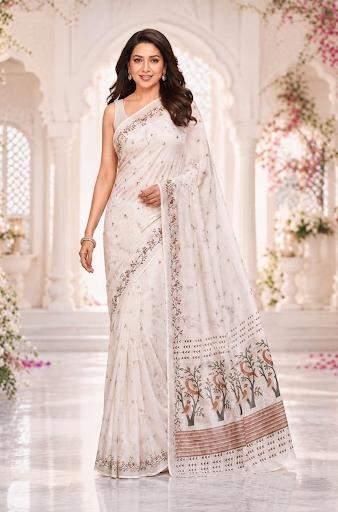 Off-White Chanderi Cotton Saree with Kalamkari Tree Motif Pallu