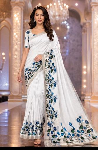 Pure White Satin Silk Saree with Blue Lotus Printed Border
