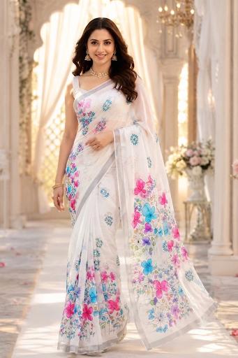 Off-White Organza Saree with Pink & Sky Blue Floral Print